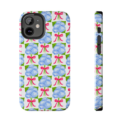 Blue Watercolor Hydrangea Bouquets with Hot Pink Bows Illustrated Patterned Tough Phone Case | Various Models