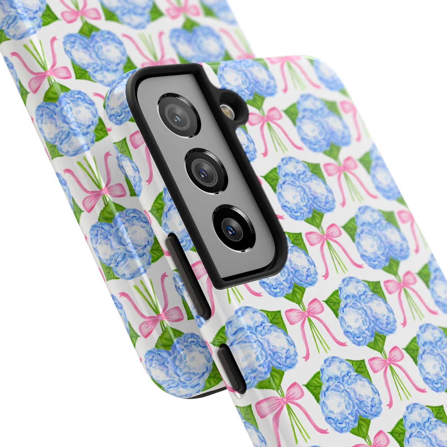Blue Watercolor Hydrangea Bouqets with Light Pink Bows Watercolor Illustrated Patterned Tough Phone Case | Various Models