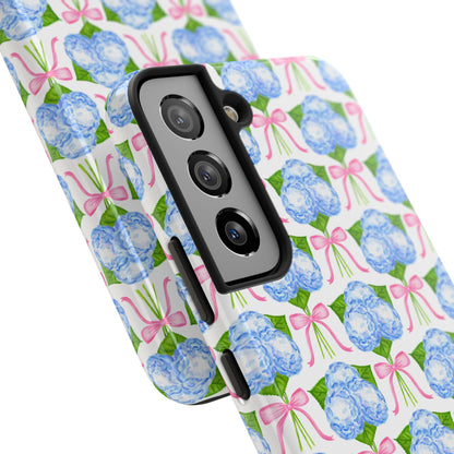 Blue Watercolor Hydrangea Bouqets with Light Pink Bows Watercolor Illustrated Patterned Tough Phone Case | Various Models