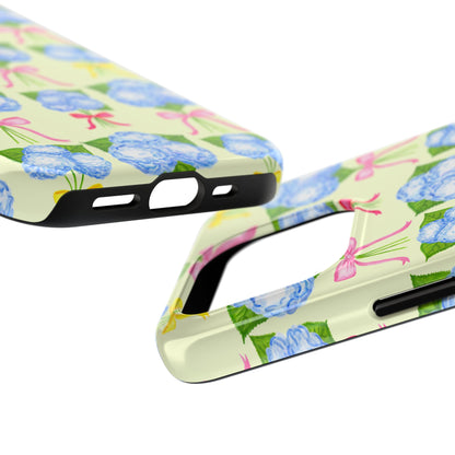Blue Hydrangeas with Hot Pink, Yellow, Light Pink Bows Watercolor Illustrated Patterned Light Yellow Tough Phone Case | Various Models