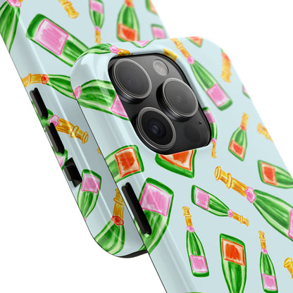 Tossed Pink and Green & Orange and Green Watercolor Illustrated Champagne Bottles Pattern Light Blue Tough Phone Case | Various Models