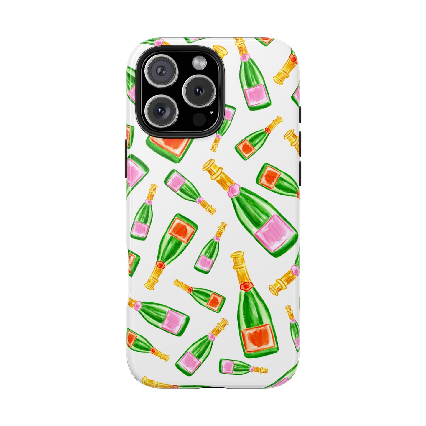 Tossed Pink and Green & Orange and Green Watercolor Illustrated Champagne Bottles Pattern Tough Phone Case | Various Models