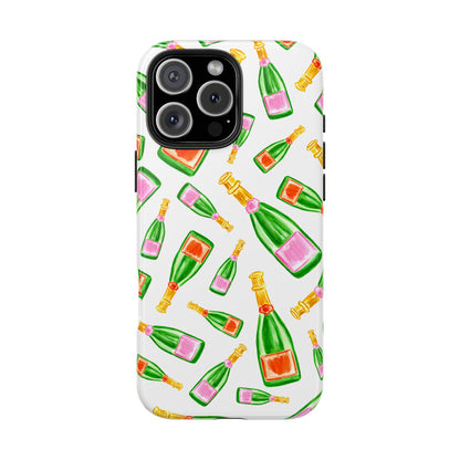 Tossed Pink and Green & Orange and Green Watercolor Illustrated Champagne Bottles Pattern Tough Phone Case | Various Models