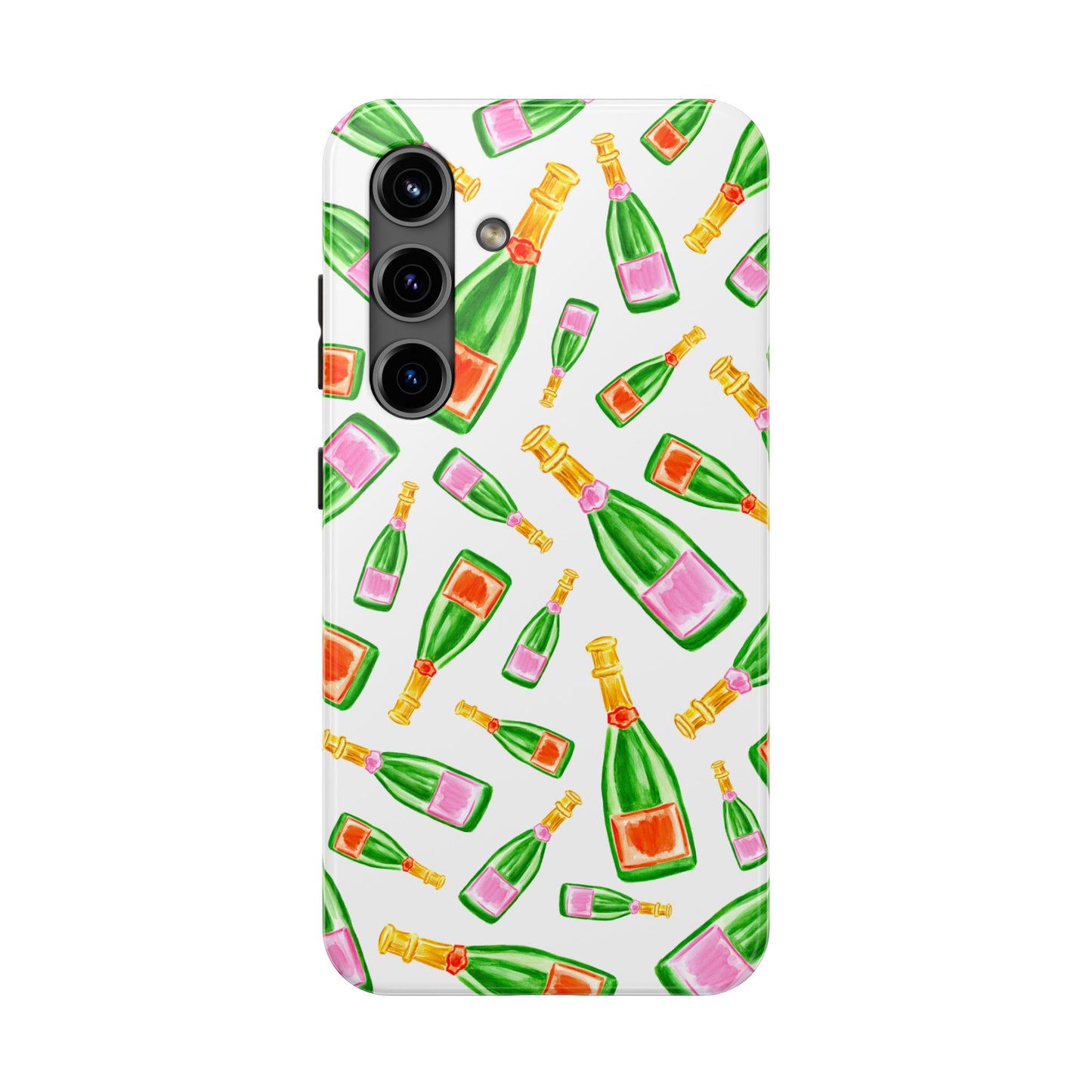 Tossed Pink and Green & Orange and Green Watercolor Illustrated Champagne Bottles Pattern Tough Phone Case | Various Models