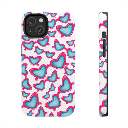 Pink & Blue Heart Shaped Sunglasses Watercolor Illustrated Tossed Pattern Tough Case | Various Models iPhone 14