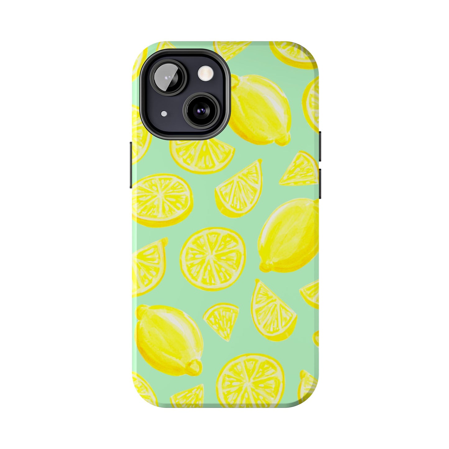 Bright Yellow Lemons Watercolor Illustrated Tossed Pattern Mint Green Tough Phone Case | Various Models