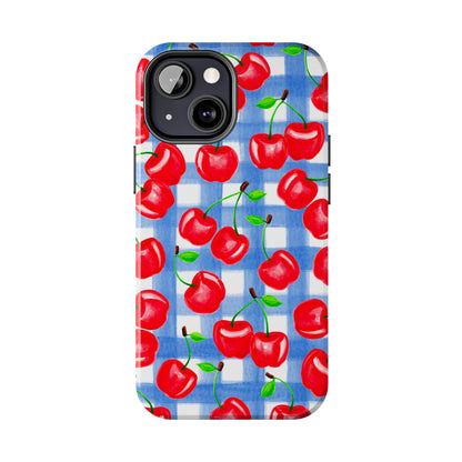 Tossed Red Cherries Blue Gingham Checkered Watercolor Illustrated Tough Phone Case | Various Models