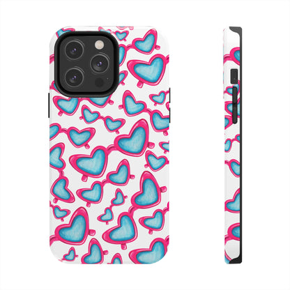 Pink & Blue Heart Shaped Sunglasses Watercolor Illustrated Tossed Pattern Tough Case | Various Models iPhone 14 Pro Max