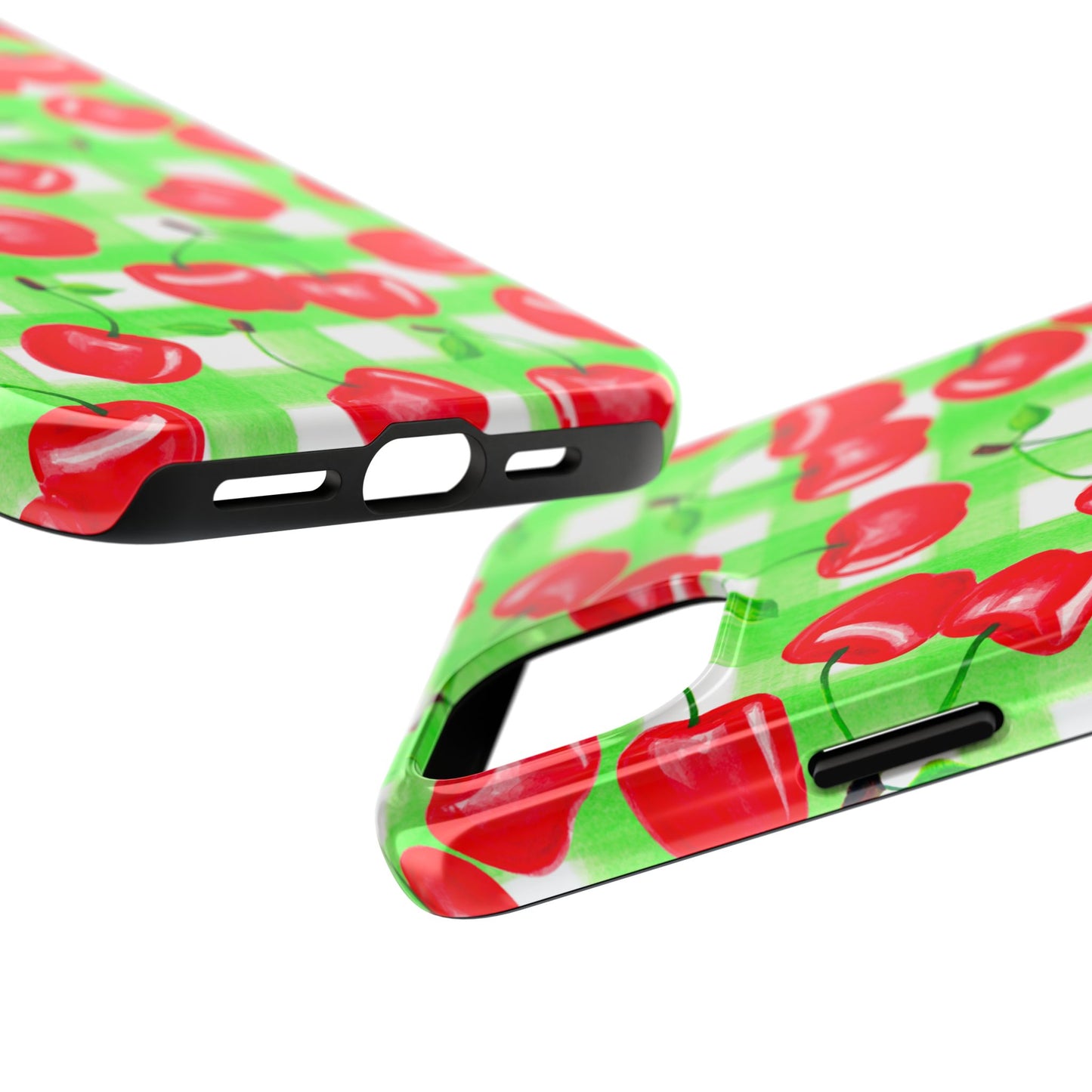 Red Tossed Cherries Green Gingham Watercolor Illustrated Tough Phone Case | Various Models Available