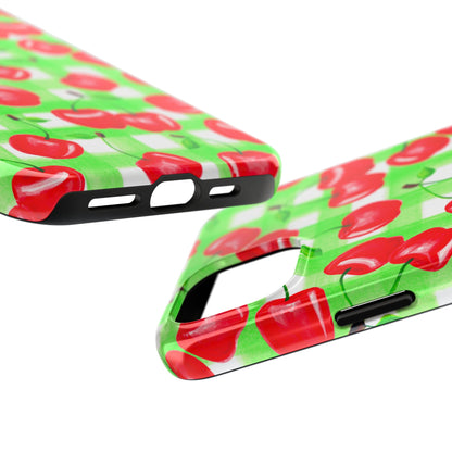 Red Tossed Cherries Green Gingham Watercolor Illustrated Tough Phone Case | Various Models Available