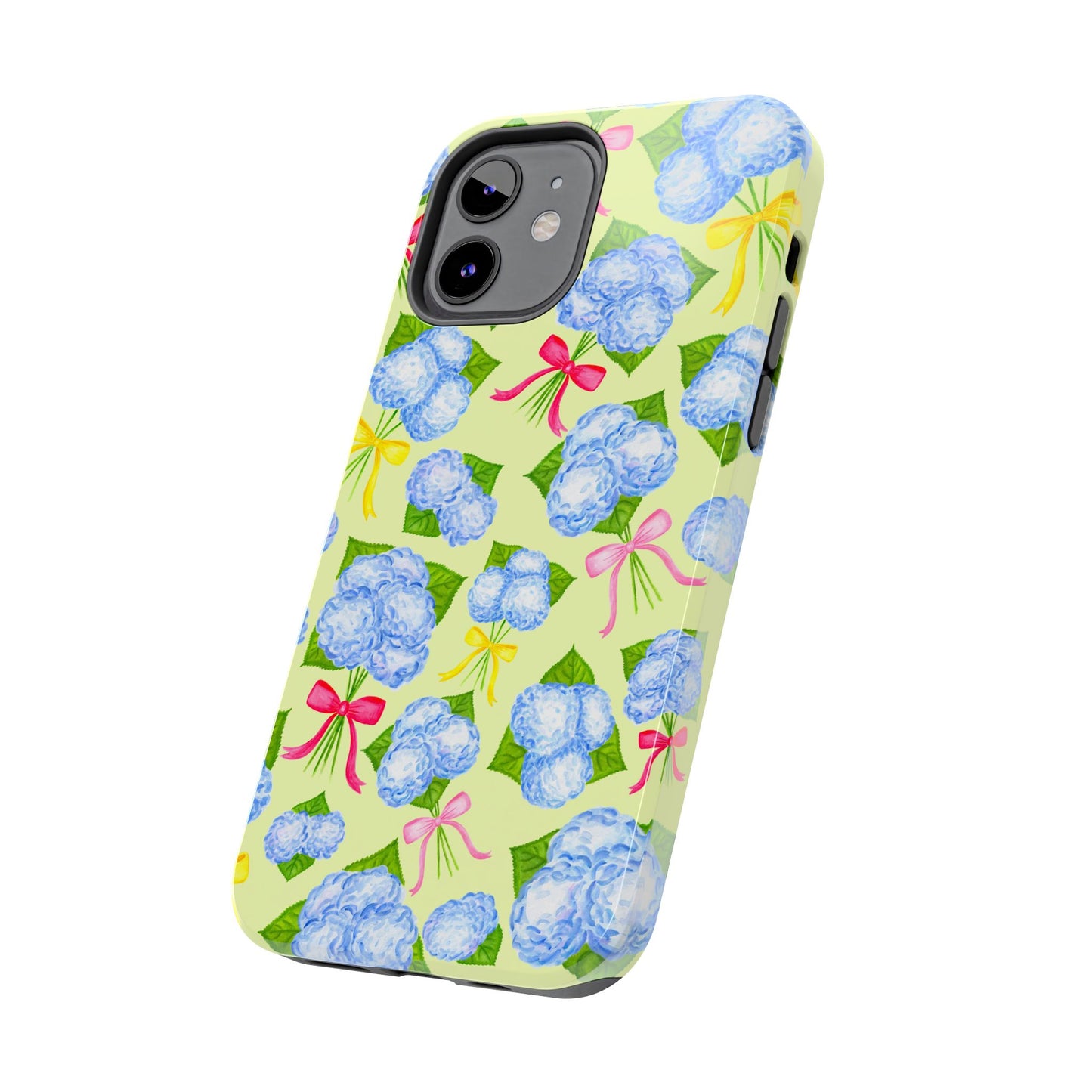 Blue Watercolor Hydrangea Bunches with Hot Pink, Yellow, Light Pink Bows Illustrated Patterned Yellow Tough Phone Case | Various Models