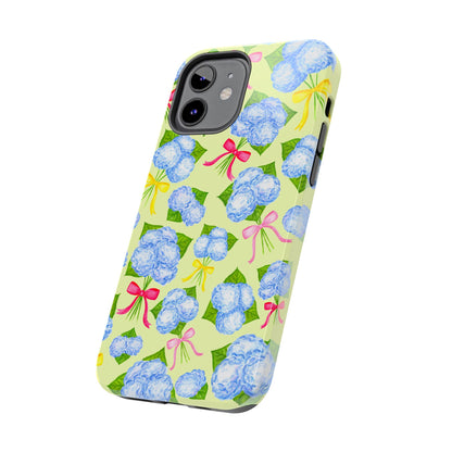Blue Watercolor Hydrangea Bunches with Hot Pink, Yellow, Light Pink Bows Illustrated Patterned Yellow Tough Phone Case | Various Models