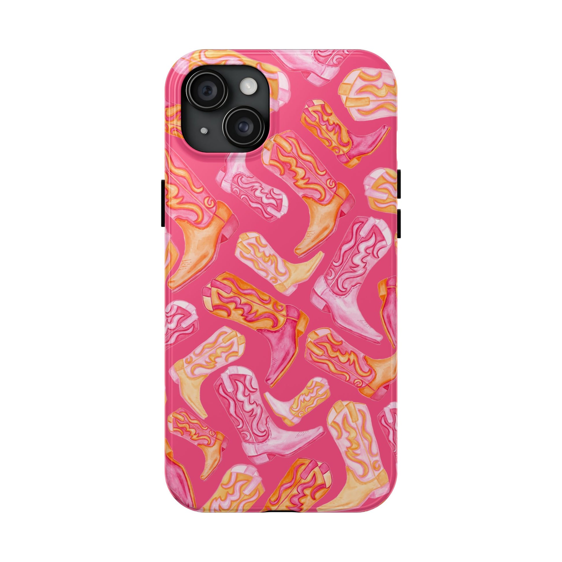 Tossed Hot Pink & Orange Watercolor Cowboy Boots Hot Pink Tough Phone Cases | Various Models iPhone 15 Plus