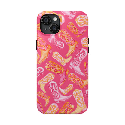 Tossed Hot Pink & Orange Watercolor Cowboy Boots Hot Pink Tough Phone Cases | Various Models iPhone 15 Plus