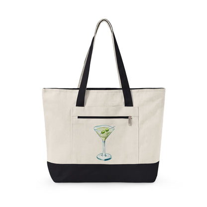 Blue Green Watercolor Martini Printed Zippered Canvas Tote 18" x 14" | Various Colors 18" x 14" x 4.5" Natural Black
