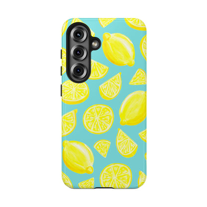 Bright Yellow Lemons Watercolor Illustrated Tossed Pattern Turquoise Blue Tough Phone Case | Various Models