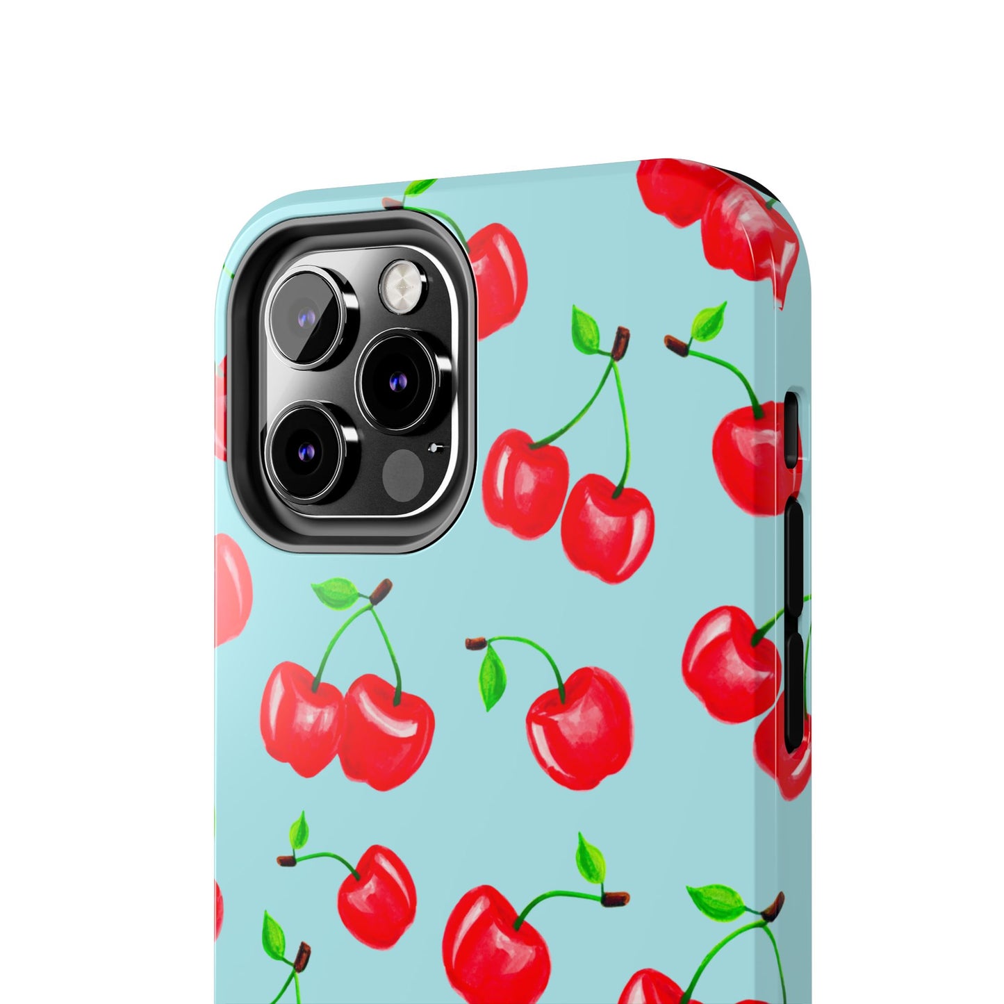 Tossed Red Watercolor Cherries Illustrated Pattern Bright Blue Tough Phone Case | Various Models