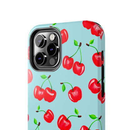 Tossed Red Watercolor Cherries Illustrated Pattern Bright Blue Tough Phone Case | Various Models