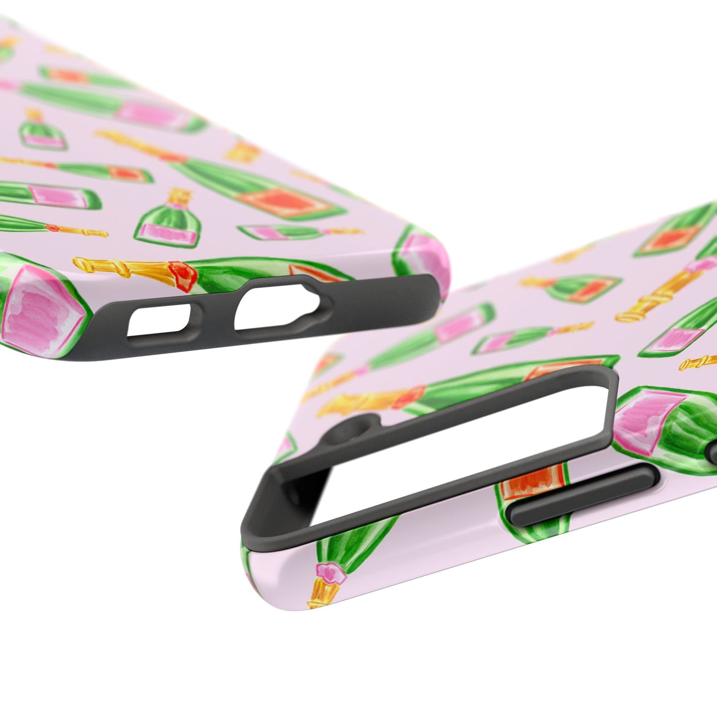 Tossed Pink and Green & Orange and Green Watercolor Illustrated Champagne Bottles Pattern Blush Pink Tough Phone Case | Various Models