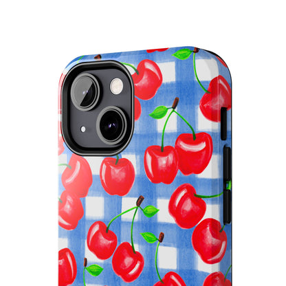 Tossed Red Cherries Blue Gingham Checkered Watercolor Illustrated Tough Phone Case | Various Models
