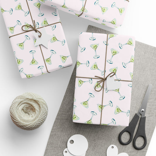 Gift Wrap | Mini Blush Pink Watercolor Martini Tossed Pattern | Matte or Glossy 30" x 180" Glossy