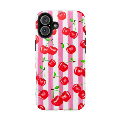 Tossed Red Watercolor Cherries Illustrated Pattern Light Pink Stripes Tough Phone Case | Various Models
