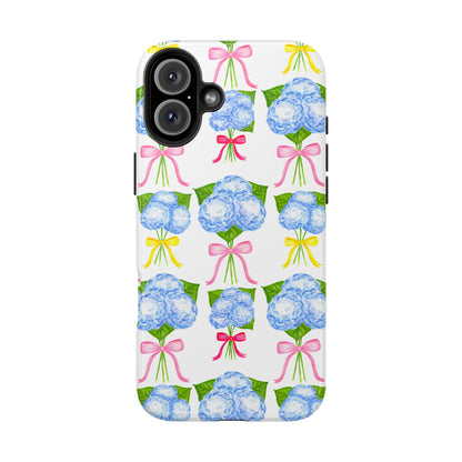Blue Hydrangeas with Hot Pink, Yellow, Light Pink Bows Watercolor Illustrated Patterned Tough Phone Case | Various Models