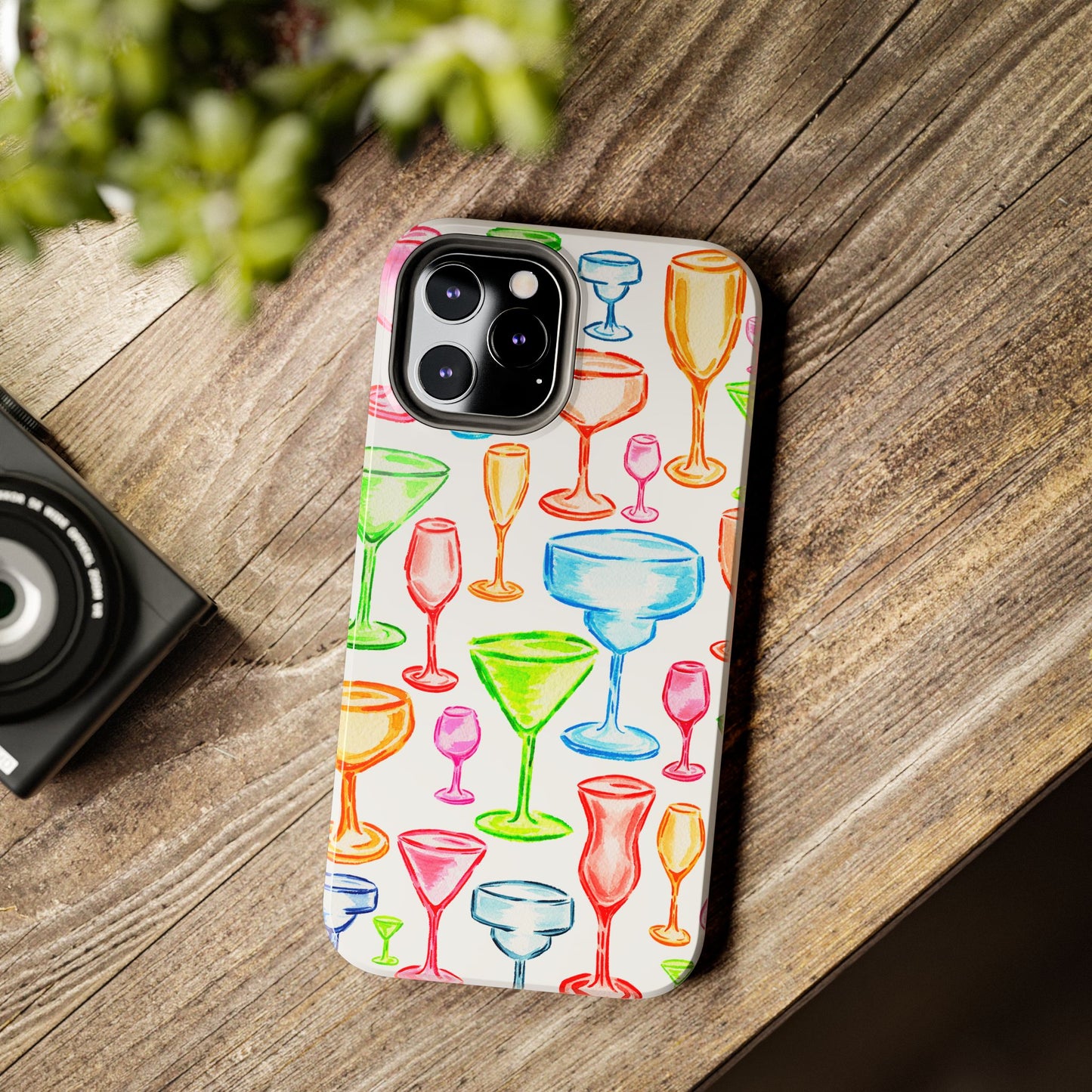 Monochromatic Margarita, Wine, Martini, and Champagne Flute Cocktail Glasses Watercolor Illustrated Tough Phone Case | Various Models Available