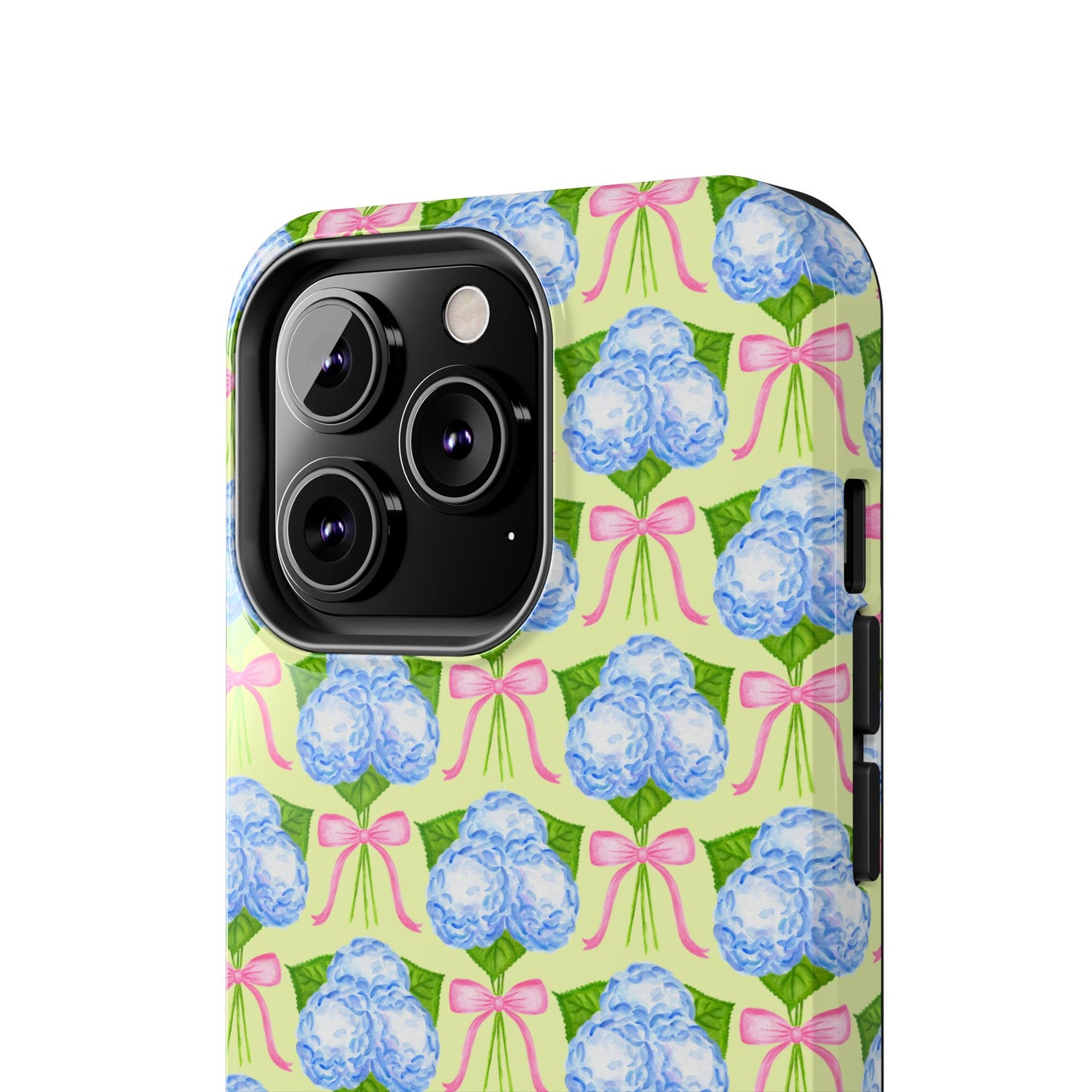 Blue Watercolor Hydrangea Bouquets with Light Pink Bows Watercolor Illustrated Patterned Yellow Tough Phone Case | Various Models