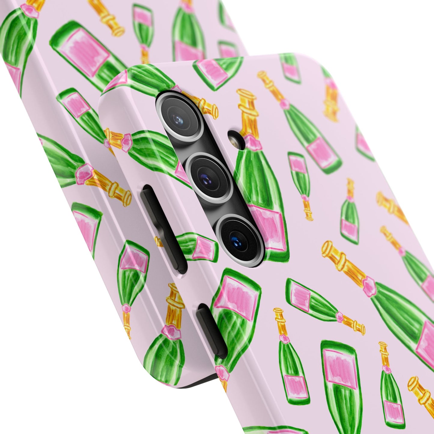 Tossed Pink and Green Watercolor Illustrated Champagne Bottles Pattern Blush Pink Tough Phone Case | Various Models