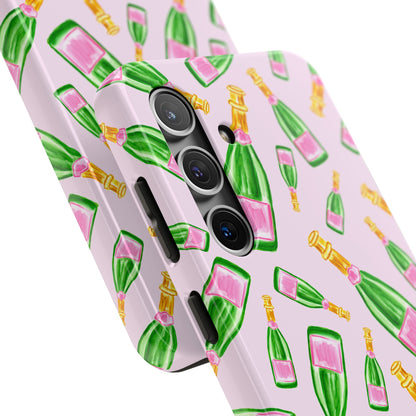 Tossed Pink and Green Watercolor Illustrated Champagne Bottles Pattern Blush Pink Tough Phone Case | Various Models