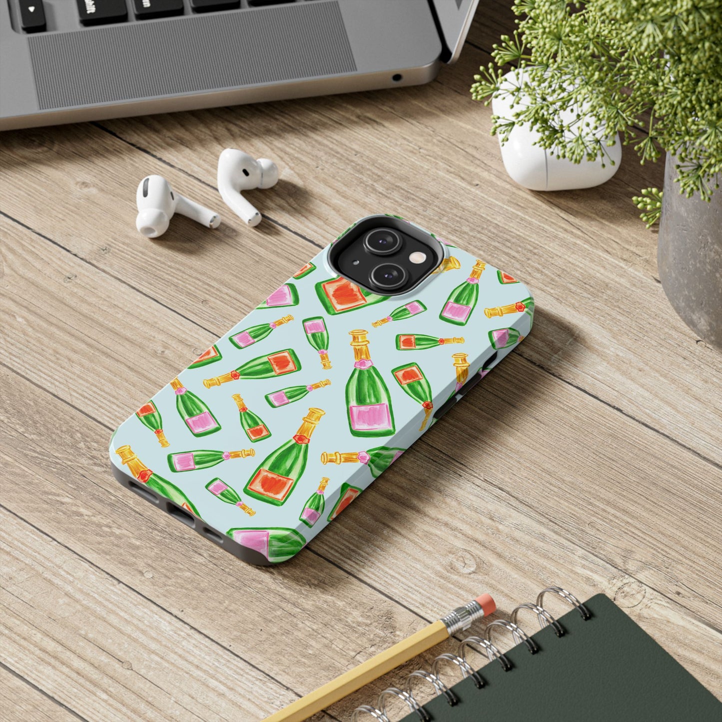 Tossed Pink and Green & Orange and Green Watercolor Illustrated Champagne Bottles Pattern Light Blue Tough Phone Case | Various Models