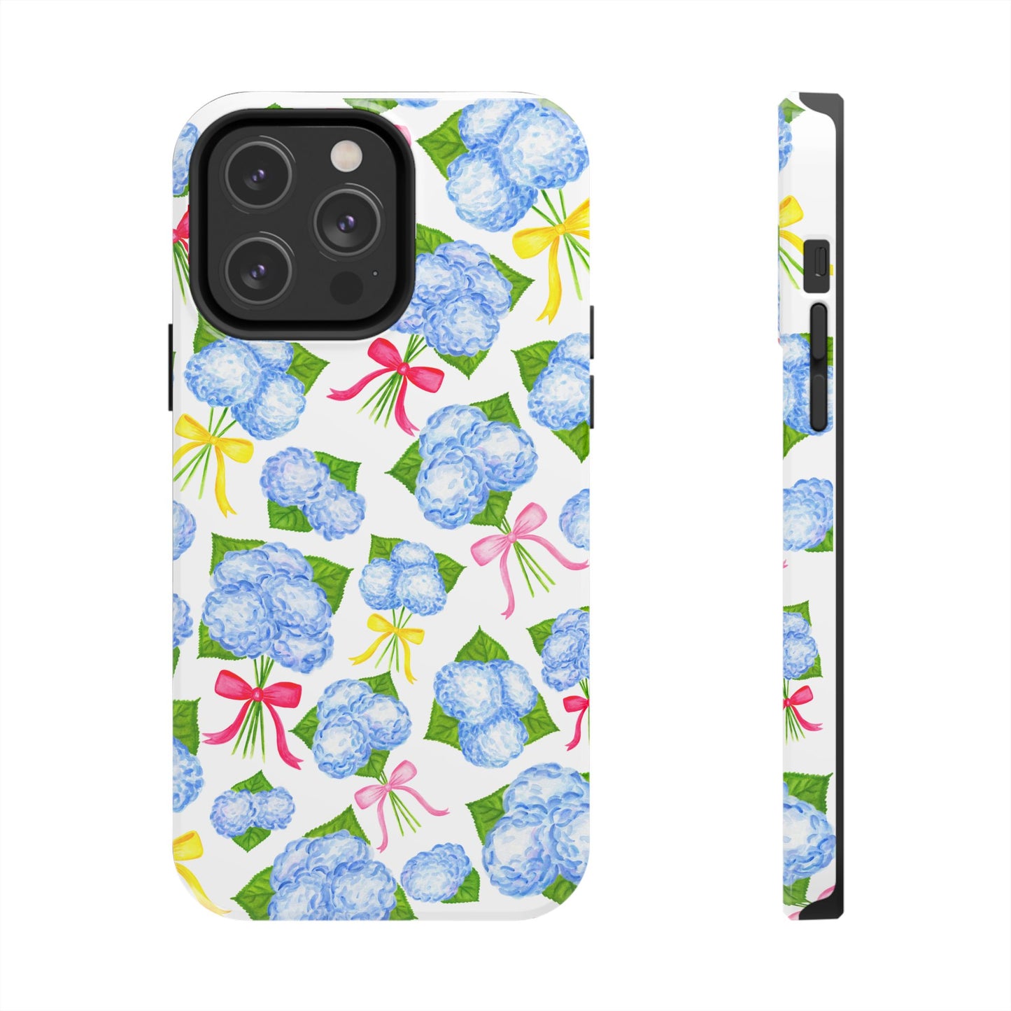 Blue Watercolor Hydrangea Bunches with Hot Pink, Yellow, Light Pink Bows Illustrated Patterned Tough Phone Case | Various Models