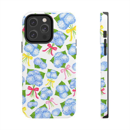 Blue Watercolor Hydrangea Bunches with Hot Pink, Yellow, Light Pink Bows Illustrated Patterned Tough Phone Case | Various Models