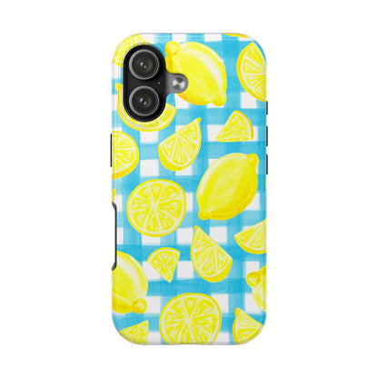 Yellow Lemons & Turquoise Gingham Watercolor Illustrated Tough Phone Case | Various Models Available