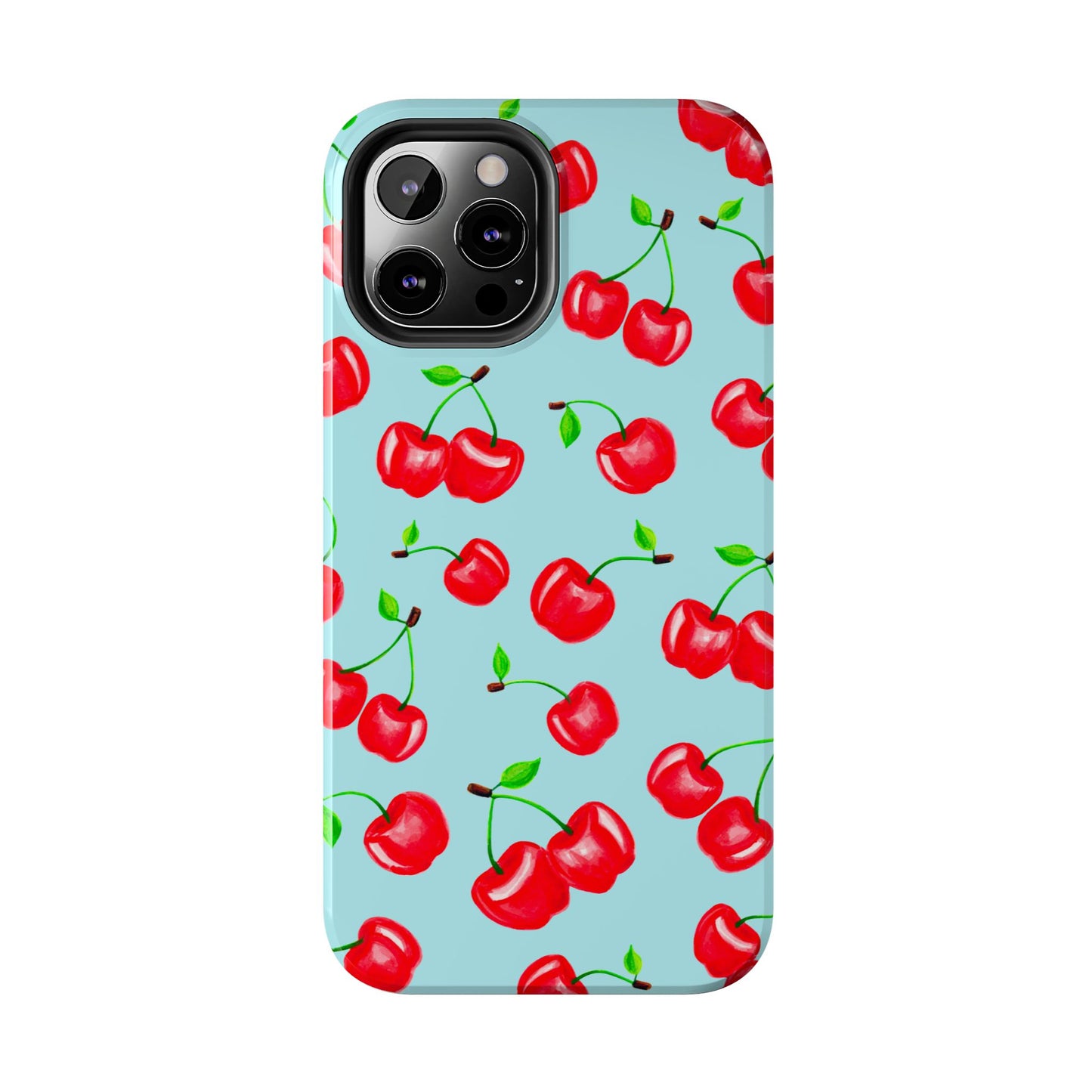 Tossed Red Watercolor Cherries Illustrated Pattern Bright Blue Tough Phone Case | Various Models