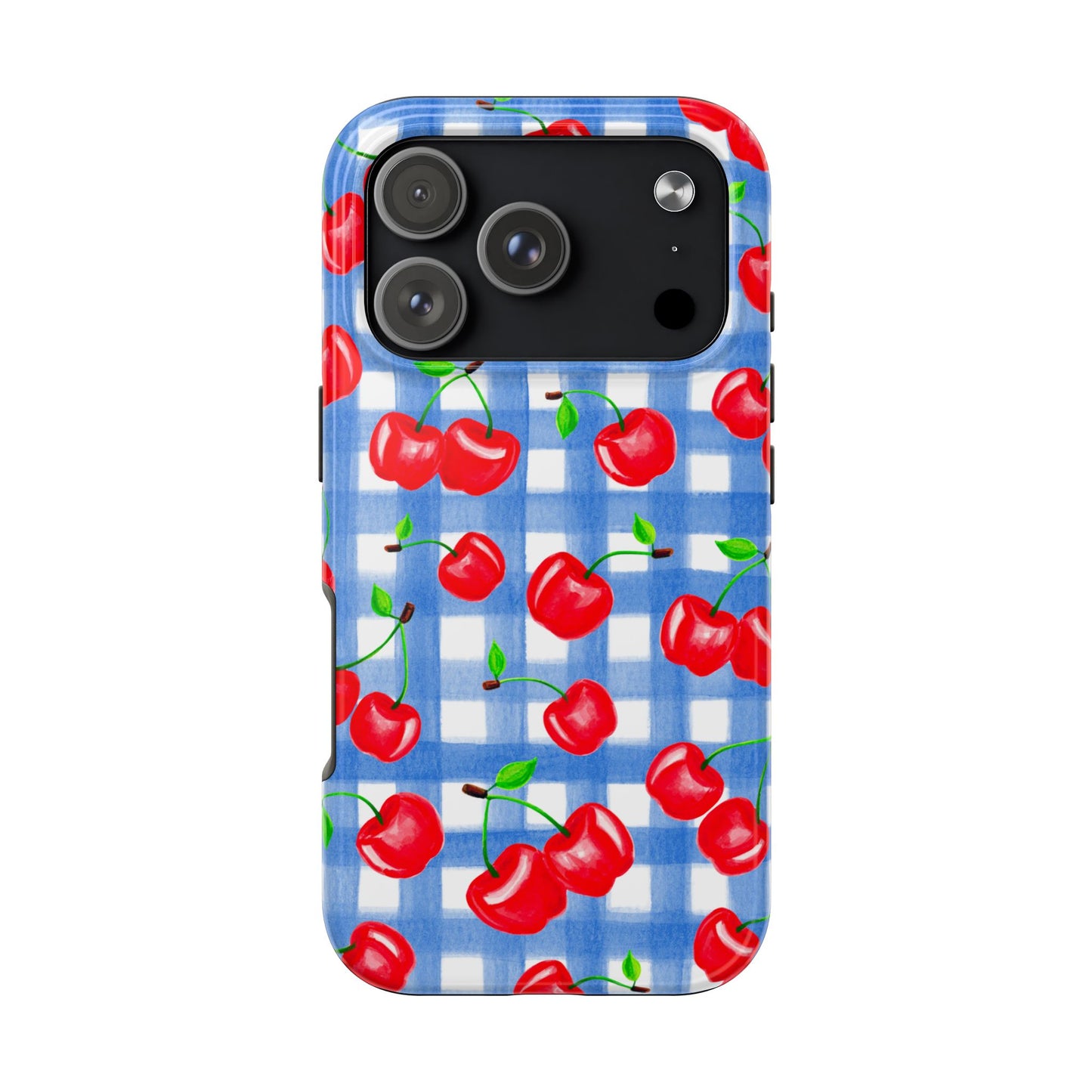 Tossed Red Watercolor Illustrated Cherries Light Blue Gingham Tough Phone Case | Various Models