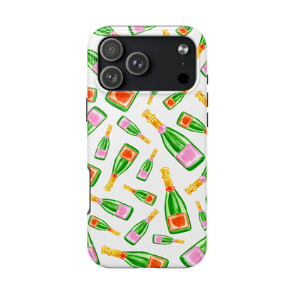 Tossed Pink and Green & Orange and Green Watercolor Illustrated Champagne Bottles Pattern Tough Phone Case | Various Models