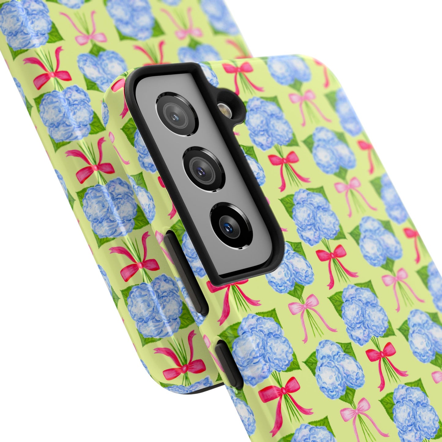 Watercolor Blue Hydrangea Bouquets with Hot Pink and Light Pink Bow Ribbons Illustrated Pattern Yellow Tough Phone Case | Various Models