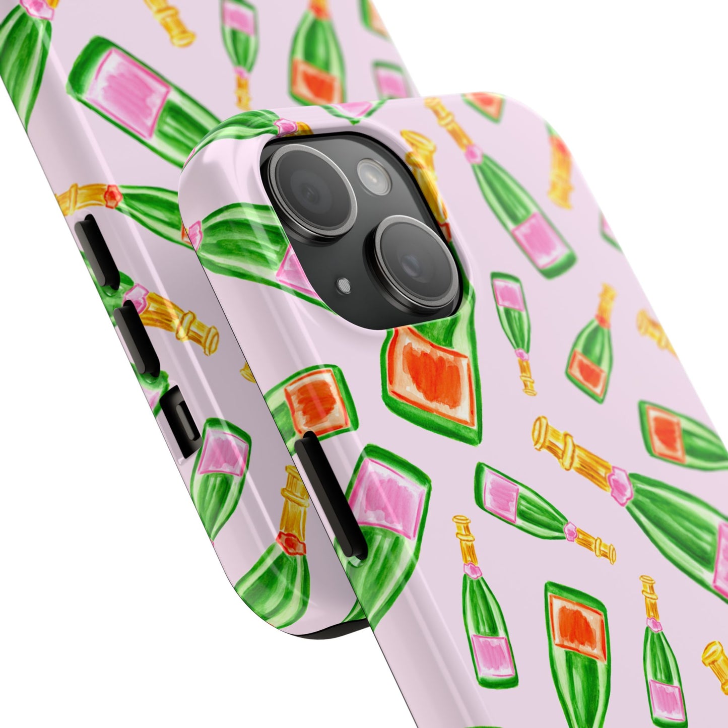 Tossed Pink and Green & Orange and Green Watercolor Illustrated Champagne Bottles Pattern Blush Pink Tough Phone Case | Various Models