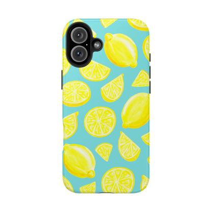 Bright Yellow Lemons Watercolor Illustrated Tossed Pattern Turquoise Blue Tough Phone Case | Various Models