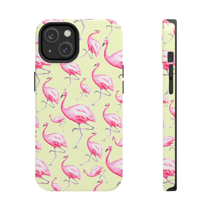 Pink Flamingos Watercolor Illustrated Tossed Pattern Yellow Phone Case | Various Models iPhone 14