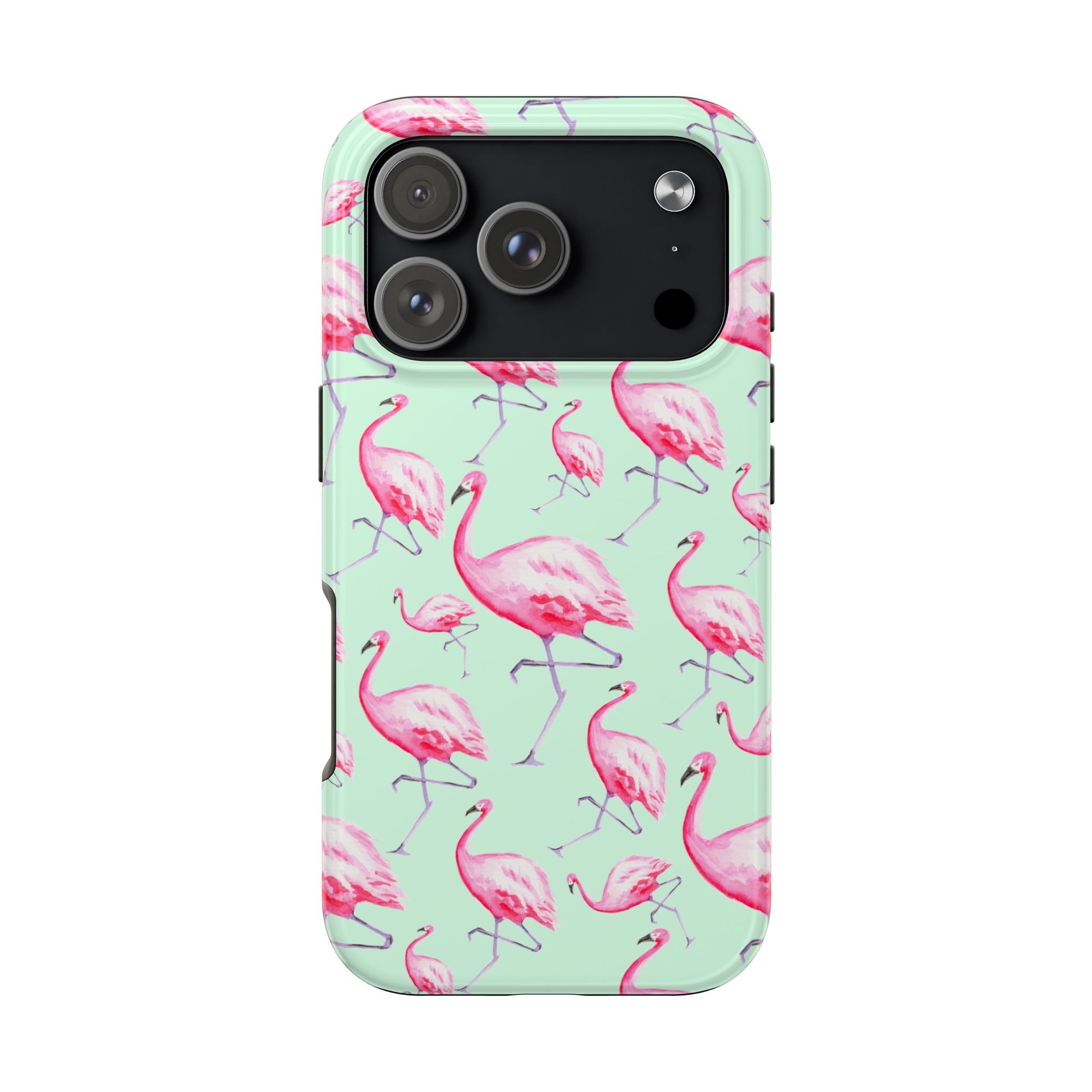 Pink Flamingos Watercolor Illustrated Tossed Pattern Green Phone Case | Various Models iPhone 17 Pro