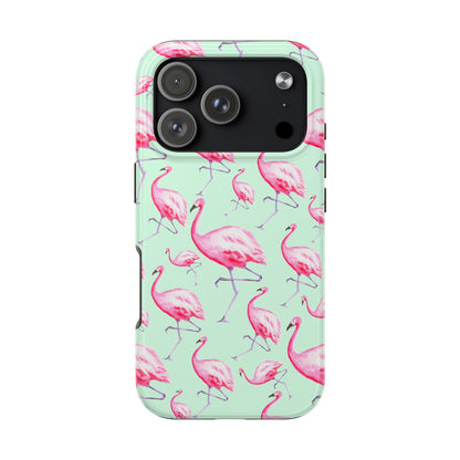 Pink Flamingos Watercolor Illustrated Tossed Pattern Green Phone Case | Various Models iPhone 17 Pro