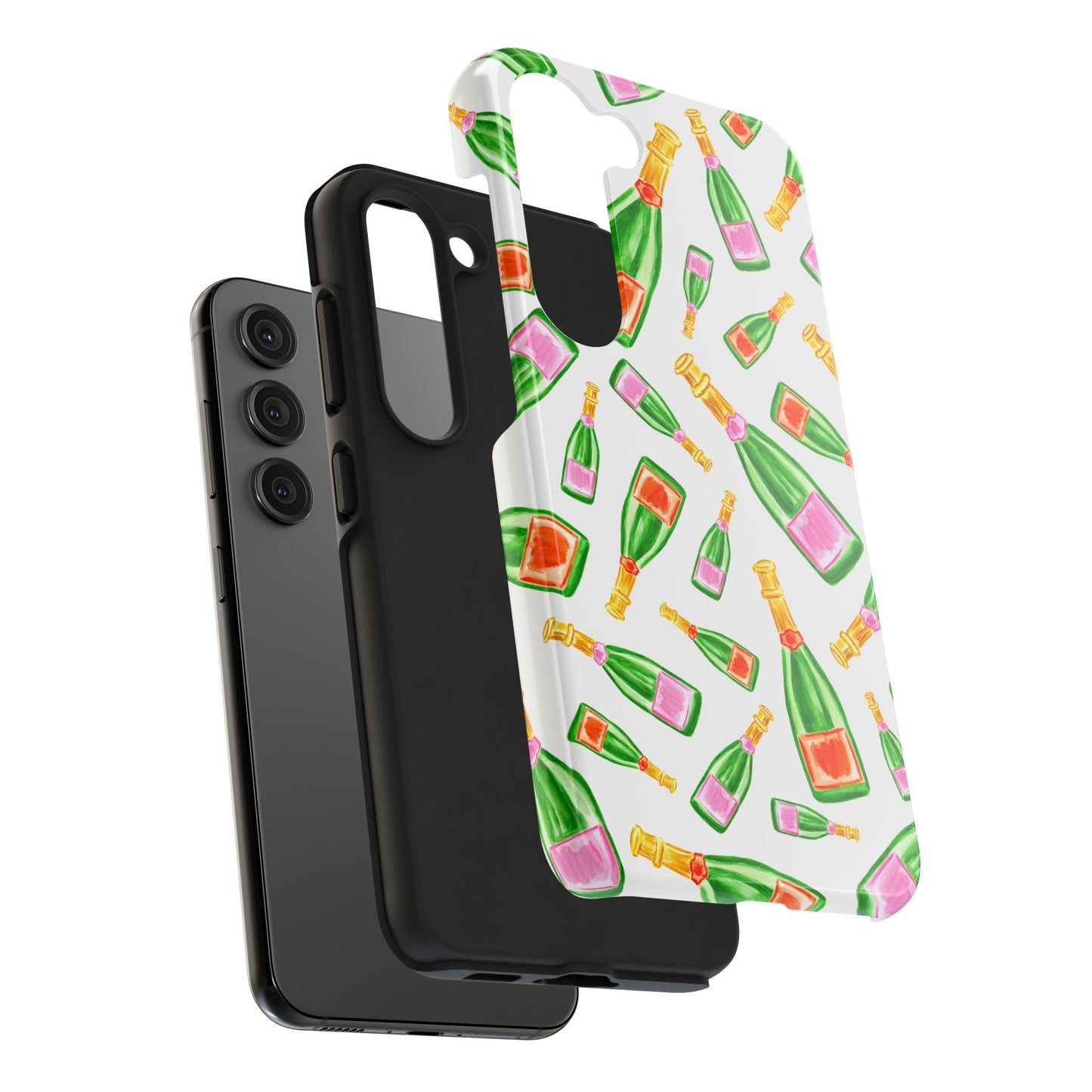 Tossed Pink and Green & Orange and Green Watercolor Illustrated Champagne Bottles Pattern Tough Phone Case | Various Models