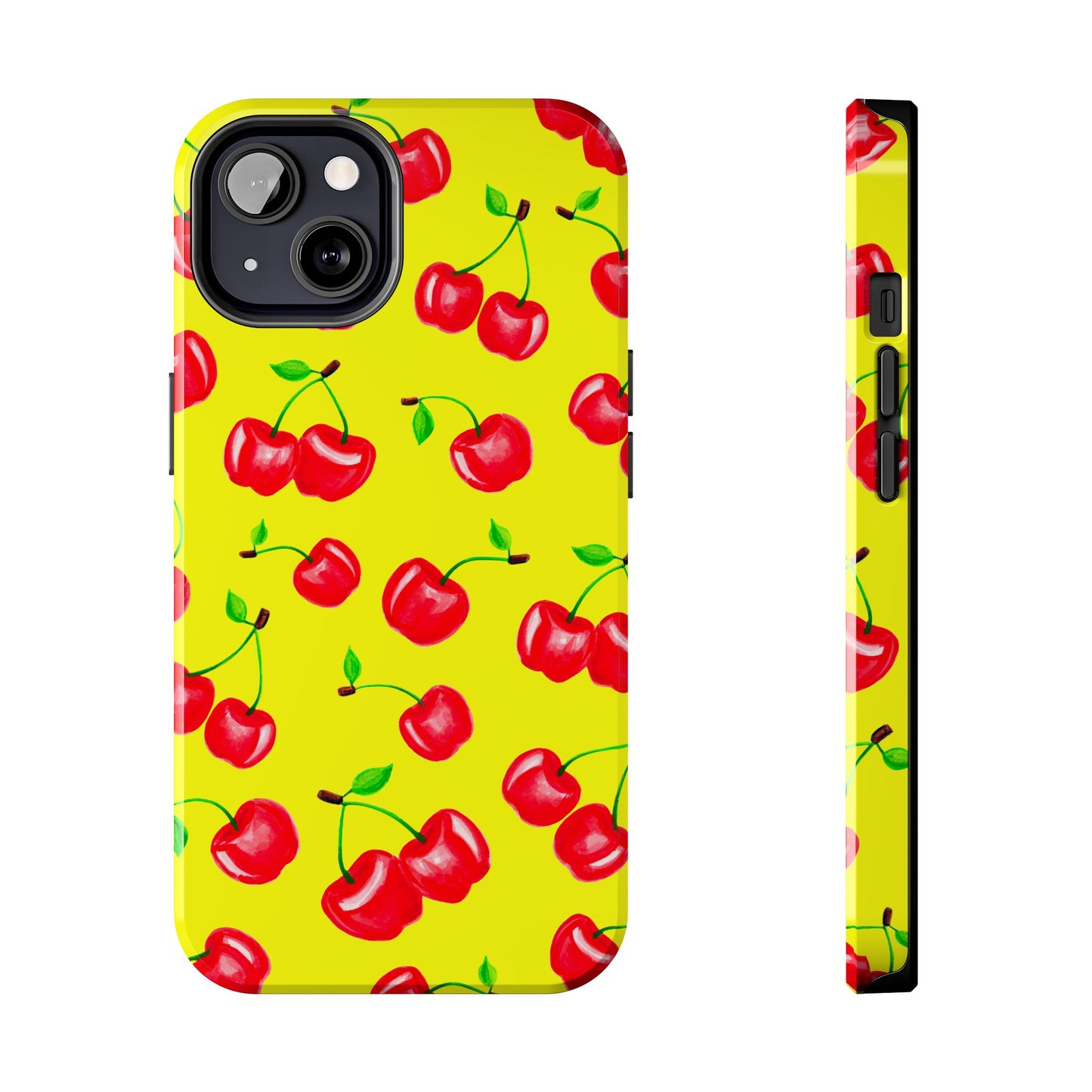 Tossed Red Watercolor Cherries Illustrated Pattern Bright Yellow Tough Phone Case | Various Models