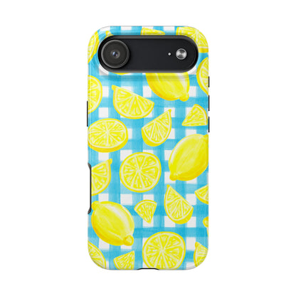Bright Yellow Lemons Watercolor Illustrated Tossed Pattern Turquoise Gingham Tough Phone Case | Various Models
