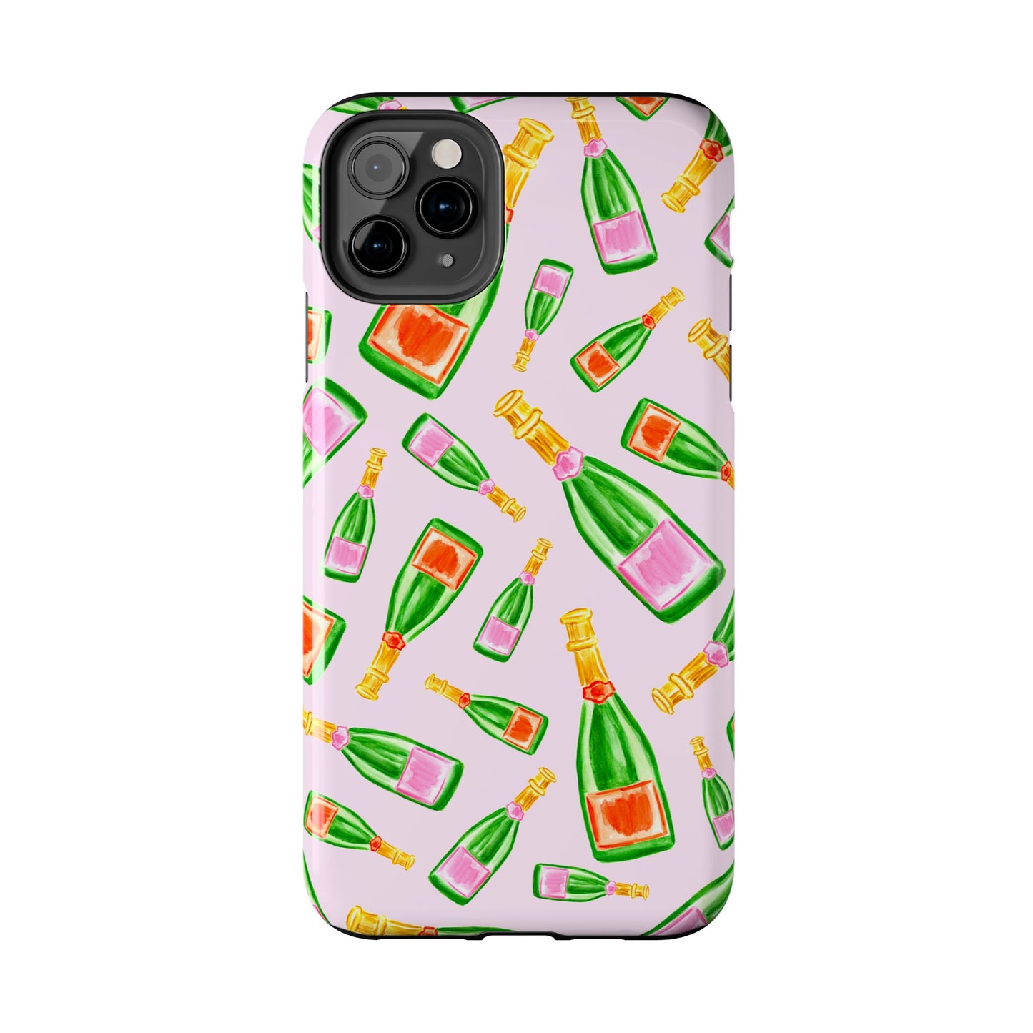 Tossed Pink and Green & Orange and Green Watercolor Illustrated Champagne Bottles Pattern Blush Pink Tough Phone Case | Various Models