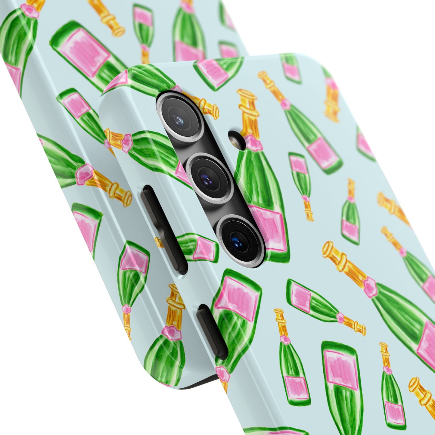 Tossed Pink and Green Watercolor Illustrated Champagne Bottles Pattern Light Blue Tough Phone Case | Various Models