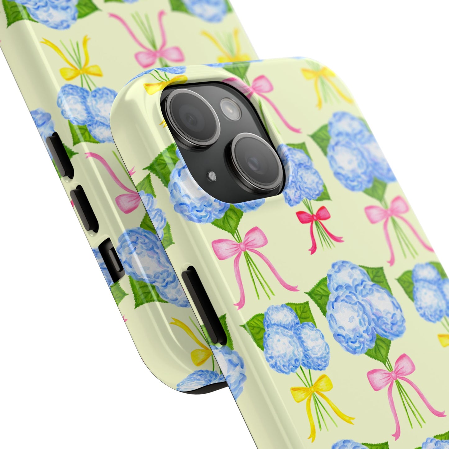 Blue Hydrangeas with Hot Pink, Yellow, Light Pink Bows Watercolor Illustrated Patterned Light Yellow Tough Phone Case | Various Models